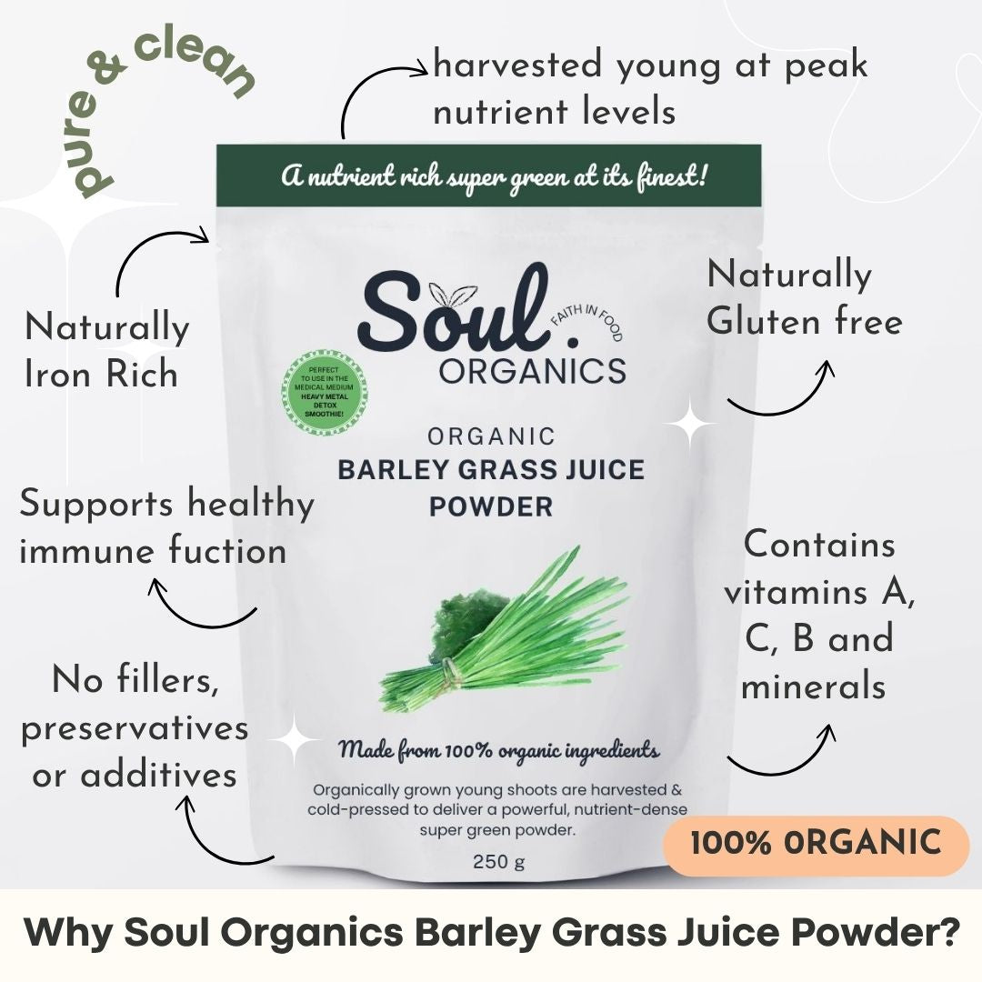 Soul Organics Barley Grass Juice Powder with product benefits 