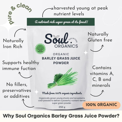Soul Organics Barley Grass Juice Powder with product benefits 