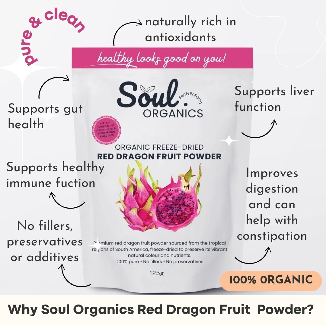 Soul Organics Red Dragon Fruit Organic Powder with product benefits 