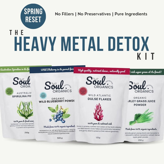 Organic Wild Blueberry, Spirulina, Wild Atlantic Dulse Flakes and Organic Barley Grass Juice Powder bundled together in a detox kit. 
