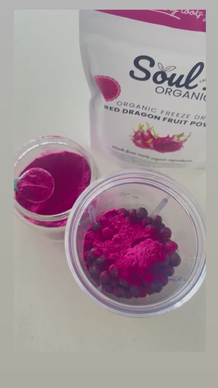 Soul Organics Organic Red Pitaya Powder Scooped into smoothie 